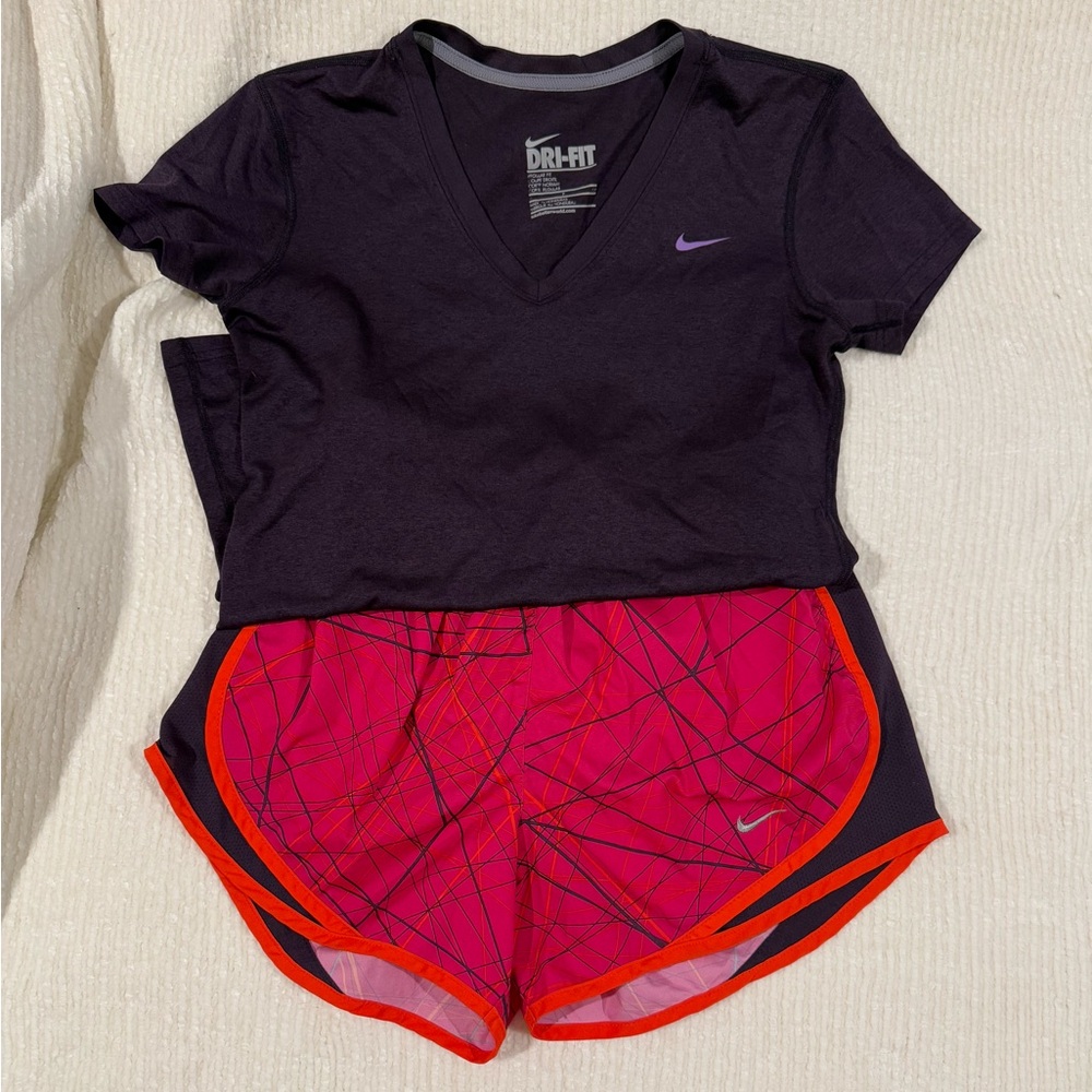 Nike Women's Set! Pink, Dark Purple and Orange Tempo Shorts and Dri-Fit Top